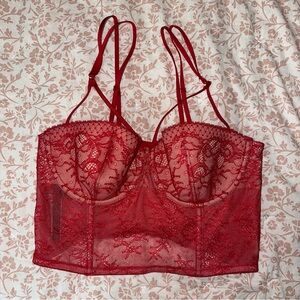 Victoria's Secret Red Lace Longline Bra with Floral Pattern